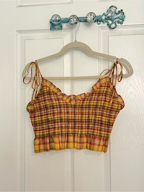 emory park Yellow Plaid Tie-Shoulder Smocked Crop Top